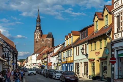 Lange Straße and St Stephan's Church in Tangermünde, Saxony-Anhalt, Germany