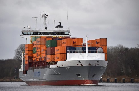 Container ship Beate sailing in the Kiel Canal, NOK, Kiel Canal, Schleswig-Holstein, Germany