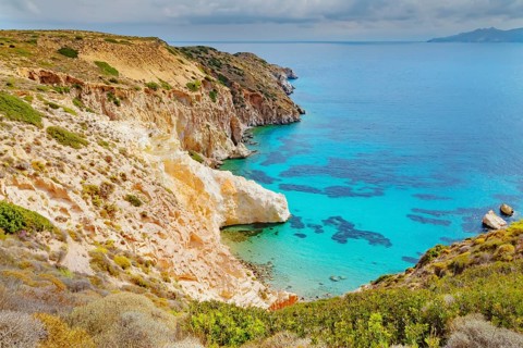Multicoloured rock formations, Firopotamos, Milos Island, Cyclades Islands, Greece