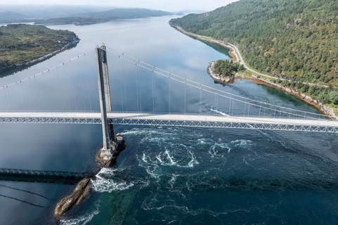 Aerial view of suspension bridge over fjord Efjord, road E6, northern Norway