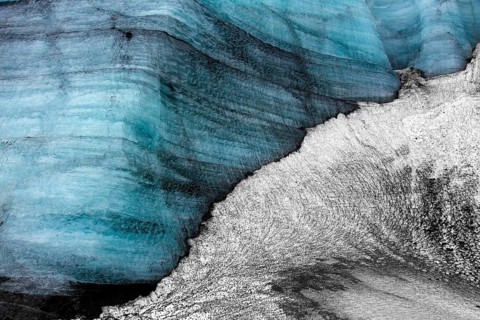 Mýrdalsjökull glacier with layers of black volcanic ash, ice cap on the top of the active Katla