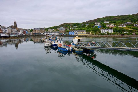 Village harbour view with moored boats and colorful houses, Tarbert, Loch Fyne, Kyles of Bute,