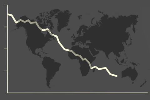 Illustration with falling share price and a world map symbolising a declining (world) economy