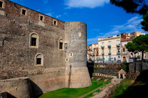Castello Ursino, houses, lawn, castle complex, cooled lava, Catania, Old Town, Baroque Old Town,