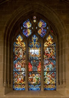 Colourful stained glass windows, Notre-Dame Cathedral, former episcopal church of the diocese of