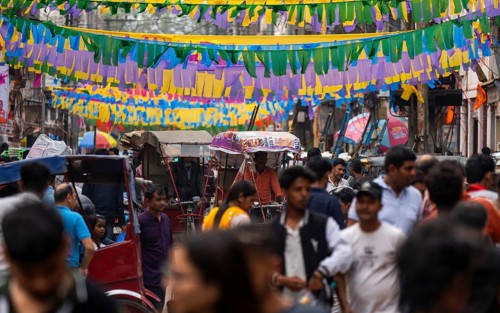 A crowded street in a market on the eve of Holi Festival, on March 13, 2025 in Guwahati, India.