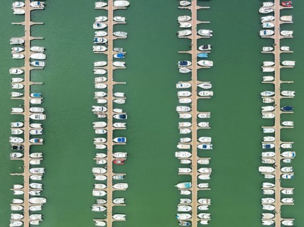 Marina wharves at the river mouth of the Piedras River. Aerial view. Drone shot. Huelva province,