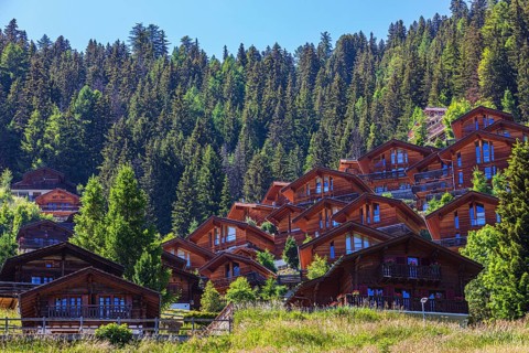 Modern chalets built into the hillside in Grimentz, Val d'Anniviers, Valais Alps, Canton Valais,