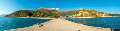 Panoramic on the beach of the Albanian riviera near Vlore in the summer holidays, Albania