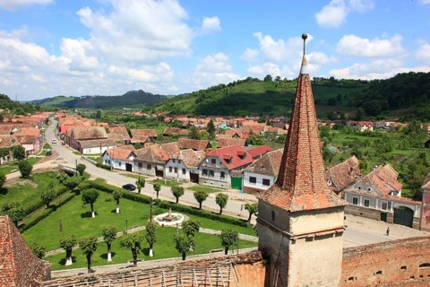 Romania, view of the village from the tower of the fortified church of Mosna, German Meschen or