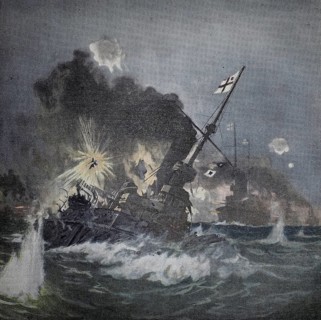 World War 1, Sinking of a dreadnought (original pictorial text from 1915, original colouring),