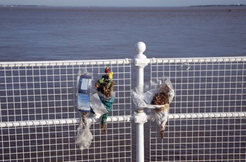 Floral memorials to those lost at sea, River Humber, Hull, Yorkshire, England, United Kingdom