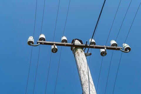 Wooden electricity pylon, electricity pylon with ceramic insulators, Münsterland, North