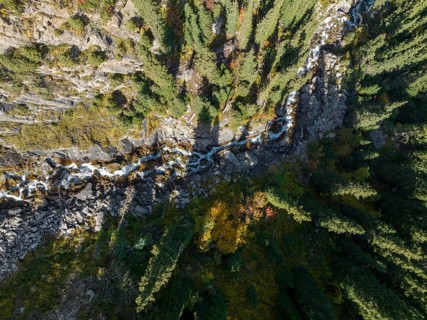 Top-down, aerial view, mountain landscape with stream in a mountain valley, Jeti-Ögüz, Issyk-Kul