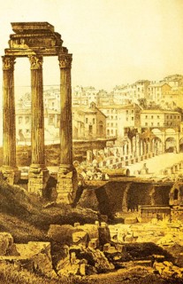 View of ancient Rome from the Roman Forum, ruins, cityscape, columns, houses on the hillside,