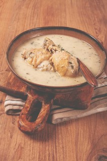 Chikhirtma chicken soup, Georgian dish, with lavash, top view, no people