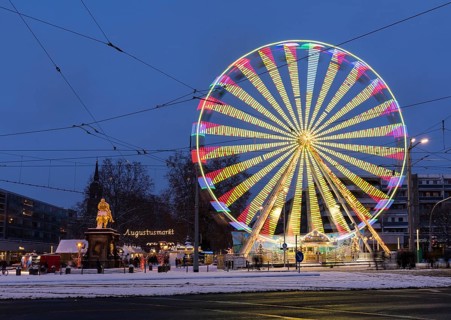 Illuminated Ferris wheel at the Golden Horseman during the Blue Hour, Augustusmarkt on the main