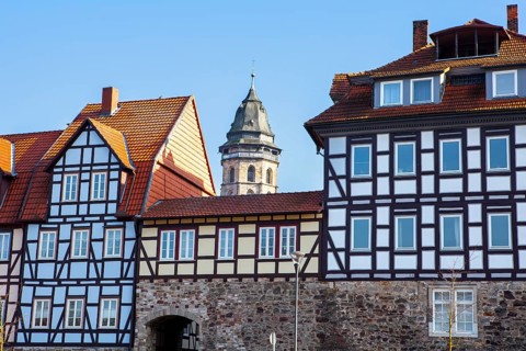 View of Hannoversch Münden, Kasseler Schlagd, River Fulda, Lower Saxony, Germany