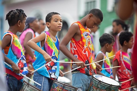 Traditional drumming group in the historic old town, Salvador, State of Bahia, Brazil