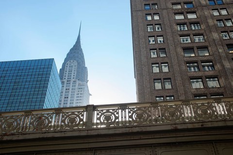 From below the iconic Chrysler Building, a classic example of Art Deco architecture in Manhattan,