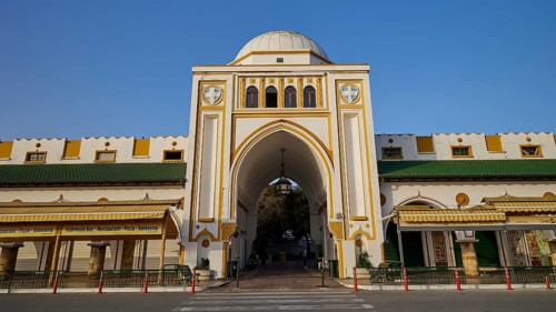 Market Hall, Nea Agora, building with a large dome and arches in yellow and white, elegant