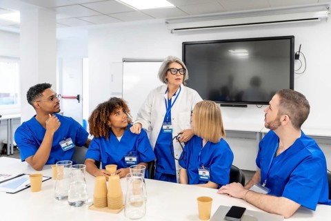 Senior doctor in a lab coat guiding a diverse group of young healthcare students in blue scrubs