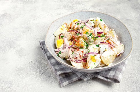 Potato and egg salad, red onion, with mayonnaise, homemade, no people