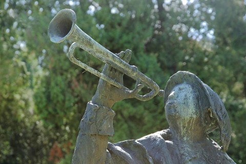 Detail of the trumpeter of Säckingen, landmark, trumpet, modern art, bronze sculpture, memorial,