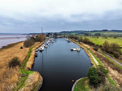 Turf Lock and Exeter Canal from a drone, Exminster, Exeter, Devon, England, United Kingdom