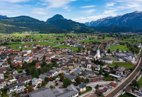 Drone shot, view of village with church, Kuchl, Salzachtal, Tennengau, Salzburg province, Austria