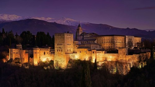Spain, Granada, Alhambra at late hour, city castle, Granada, Spain
