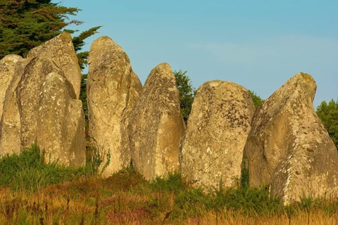 Neolithic menhirs, standing stones in Carnac with sunrise, Carnac, Quiberon, Morbihan, Brittany,