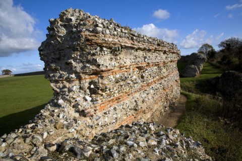Brick work walls of Roman fort, Burgh Castle, Great Yarmouth, Norfolk, England, United Kingdom