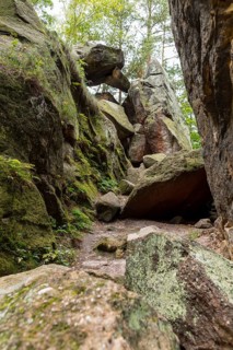 Mausefalle rock formation, nature trail through the millstone quarries near Jonsdorf, Zittau