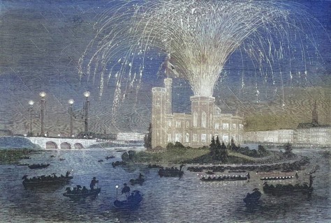 Illumination and fireworks in Hamburg on the Alster in honour of the King of Prussia, 1869,