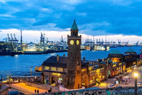 Port of Hamburg, view over the St. Pauli Landungsbrücken, Pegelturm, to the Blohm + Voss shipyard,