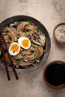Buckwheat noodles, soba, with shimeji mushrooms, boiled egg, green onion, homemade, no people