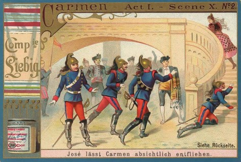 Picture series Opera Carmen, Jose lets Carmen escape on purpose, Liebig picture, digitally restored