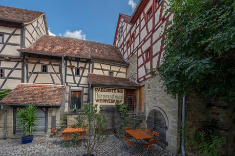Burggasthaus in the historic fortified church, Hüttenheim, Lower Franconia, Bavaria, Germany