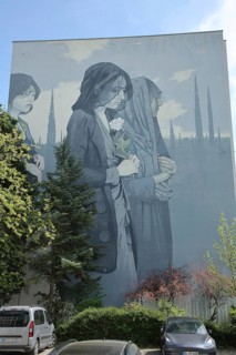 Mural Europe by Bezt Etam 2016, graffiti, street art, woman, mourning, veil, rose, grey,