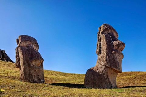 Two large Moai statues stand side by side on a grassy hill under a cloudless sky, The Moai Statues