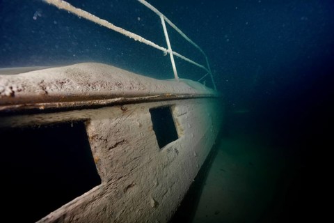 Ledi wreck, wreck of a Ledi ship, cargo ship for mass freight, bulk cargo taken at night in Lake