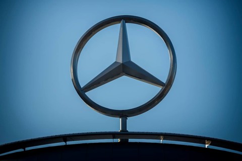 Close-up of the Mercedes logo under a blue sky, Mercedes star, Stuttgart-Untertürkheim,