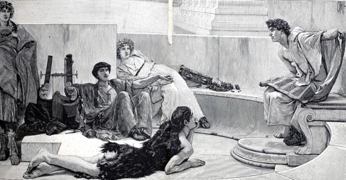 A lecture from Homer. The scene shows a young poet reading from Homer's works on a marble balcony