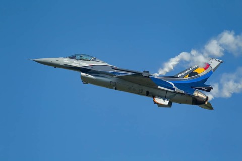 General Dynamics F-16 Fighting Falcon aircraft in Belgium air force colours flying, England, United