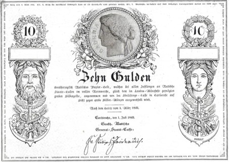 Banknote, banknote, ten guilders, Grand Ducal Baden paper money, 1949, Karlsruhe, Germany,