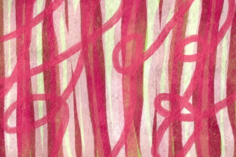 An abstract watercolor design featuring flowing red lines on a textured background. The
