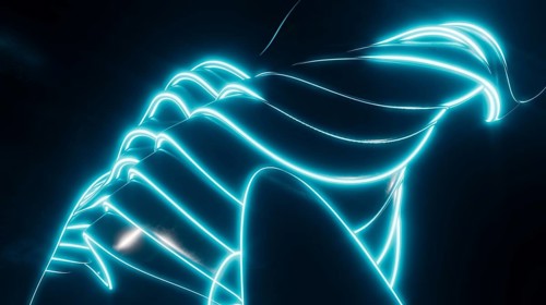 Vibrant neon blue lines create a captivating abstract pattern. The glowing lines swirl against a