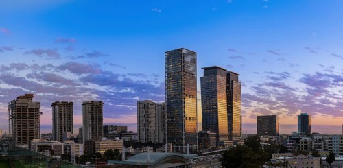 Israel, Tel Aviv financial business district skyline with shopping malls and high tech offices