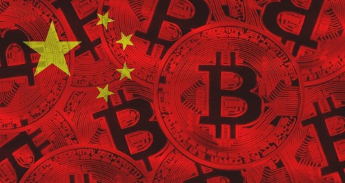 Bitcoins on China flag background. Golden bitcoin coins on China flag background